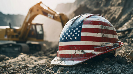 American flag hard hat resting on the ground at a construction site with an excavator in the background