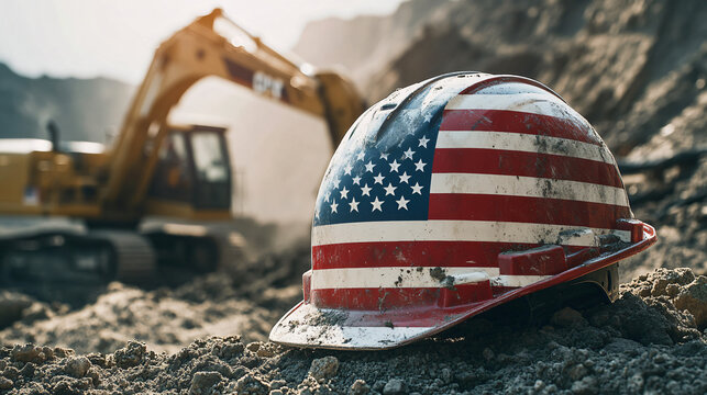 American flag hard hat resting on the ground at a construction site with an excavator in the background - Powered by Adobe