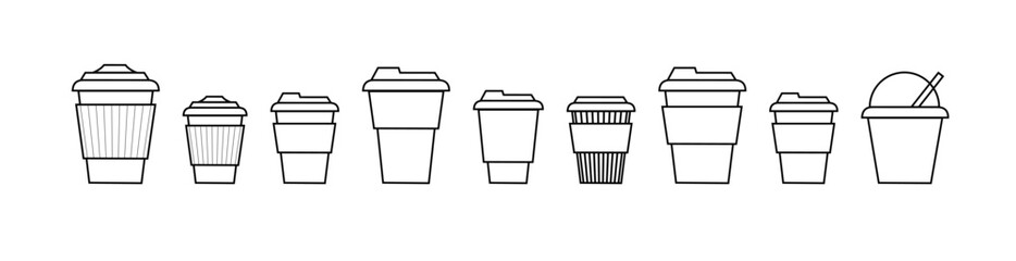 Coffee cup line and flat style. Disposable coffee cup. Coffee paper cup container for hot and cold drink juice tea cocoa. Vector