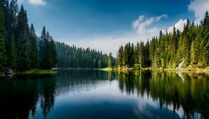 Fototapeta premium Peaceful lake surrounded by dense forest