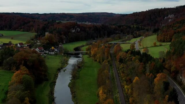 Aerial view of autumn trees on a sunny day in the Black Forest, Baar, Heuberg, Baden-W&uuml;rttemberg, Germany
