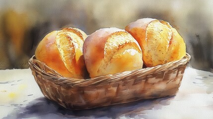 Freshly Baked Bread Rolls in a Basket - Watercolor Style Artistic Illustration of Delicious Bakery Goods