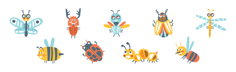 Funny Insect as Small Garden Pest with Cute Smiling Face Vector Set