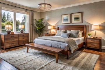 Cozy bedroom featuring a stylish wooden bed frame, plush area rug, and modern dresser, showcasing a serene atmosphere