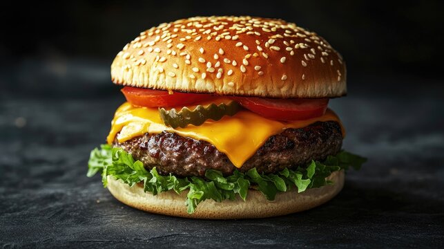 A mouth-watering cheeseburger with melted cheese, crispy lettuce, and ripe tomatoes, perfectly arranged in a sesame bun.