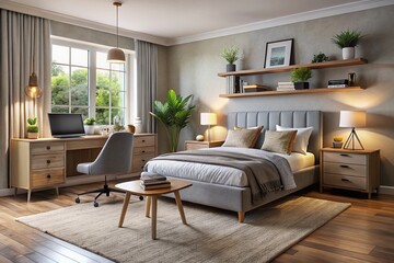 Cozy bedroom setup with modern furniture, including a plush bed, dresser, nightstand, and desk, arranged to maximize
