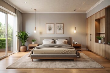Cozy bedroom with a minimalist aesthetic, featuring a sleek, low-profile bed frame, matching nightstands, and a plush