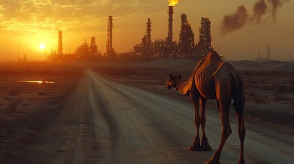 Naklejka premium A lone camel stands on a dirt road in the desert, with an industrial complex silhouetted against the setting sun.