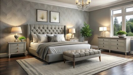 Cozy bedroom with plush carpet, soft gray walls, and sleek modern furniture, including a tufted headboard, nightstand,