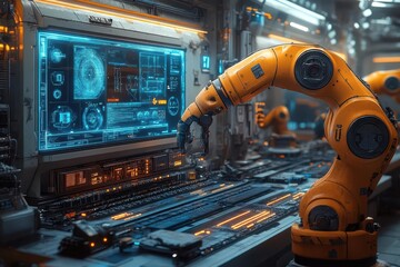 futuristic smart factory interior with glowing blue holographic interfaces robotic arms and aicontrolled assembly lines bathed in ethereal neon lighting