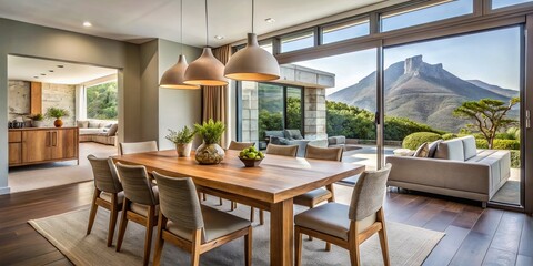 Fototapeta premium Cozy Cape Town dining room featuring modern, budget-friendly furniture, wooden table, and chairs, set against a
