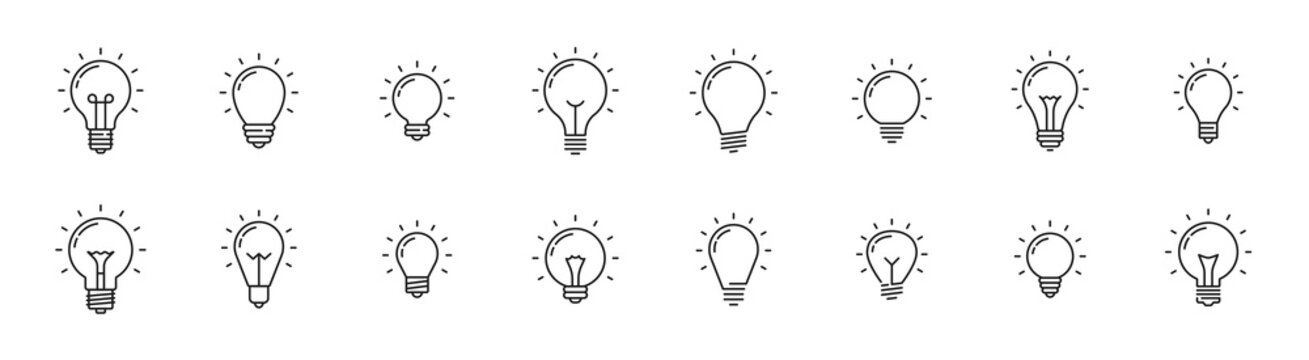 Light bulb idea line icons. Vector electric energy lamps and lightbulbs isolated outline symbols for creative solution, idea, innovation and inspiration concept. Thin line glowing light bulbs signs