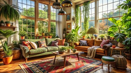 Cozy eclectic living room with vintage furniture, colorful textiles, and natural elements, surrounded by lush greenery