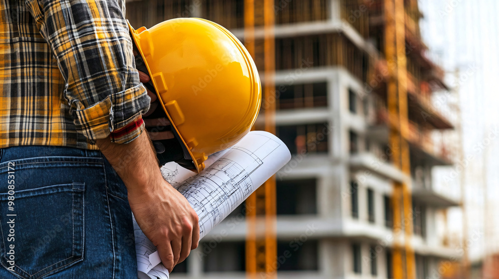 Poster Construction worker with blueprints and hardhat against backdrop of building under construction