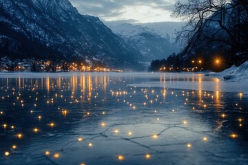 Magical reflection of winter lights on a frozen mountain lake at dusk