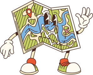 Cartoon groovy travel map character, camp and tourism equipment personage. Isolated vector funny anthropomorphic map with smiling face wearing sneakers, exudes sense of adventure and exploration