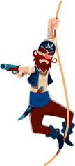 Cartoon pirate character hanging on a rope while aiming a pistol. Isolated vector adventurous corsair personage has a fierce expression, wearing traditional pirate attire and a hat with crossed sabers