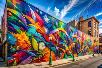 Vibrant photorealistic street art mural on urban wall with bold brushstrokes and abstract shapes, surrounded by ample copy space, showcasing artistic minimalism.