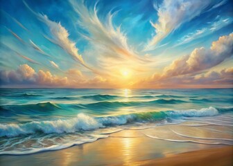 Obraz premium Soft, feathery brushstrokes evoke a calming atmosphere in this abstract seascape, where gentle waves and soothing colors converge in a peaceful, dreamy ocean scene.