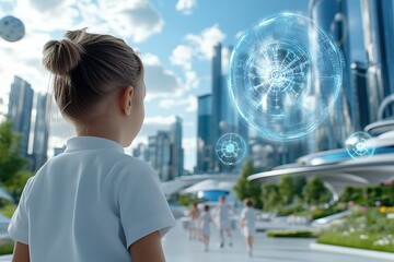 A child gazes at futuristic cityscapes, captivated by floating holograms and advanced technology, showcasing a vision of tomorrow.