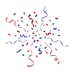 Red and blue confetti and ribbons scattered on a white background, festive vector illustration.
