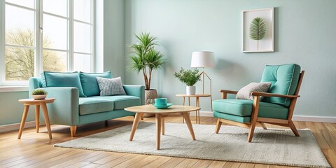 Cozy minimalist living room features a compact, affordable, and playful furniture set, including a soft turquoise