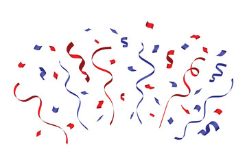 red and blue confetti, festive streamers, curling ribbons, festive celebration design.