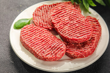 Raw cutlet fresh ground meat beef burger, pork, chicken, turkey second course dish fresh delicious gourmet food background on the table rustic food top view copy space