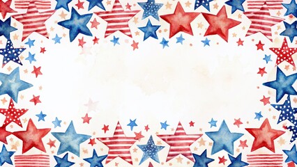 Obraz premium Vibrant watercolor stars and stripes border on white background, perfect for patriotic celebrations, featuring a blank center for custom text or images, elegant and festive design.