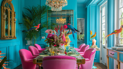 A dining room with turquoise walls, pink chairs and tropical decor, the table is set for dinner, colorful parrots on top of it, seashells scattered around