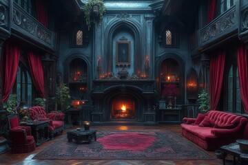 Obraz premium gothic vampires lair grand fireplace velvet drapes antique furniture eerie candlelight