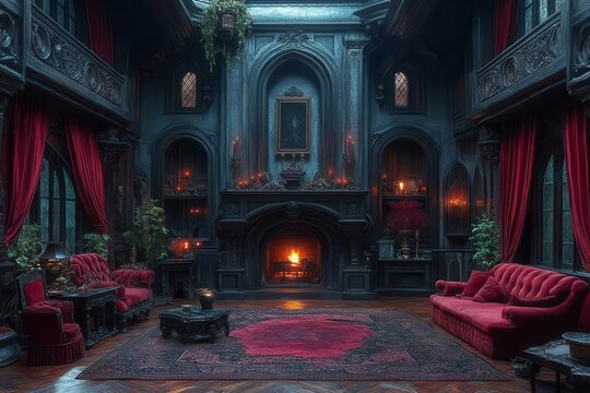 gothic vampires lair grand fireplace velvet drapes antique furniture eerie candlelight