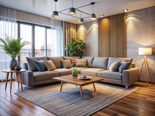 Cozy modern living room with stylish sectional sofa, minimalist coffee table, and floor lamp, showcasing optimal