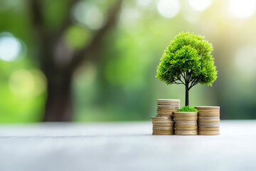 A small green tree growing on a stack of coins represents the concept of investments in sustainability and environmental growth.