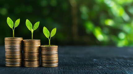 A symbol of growth, this image shows coins stacked with green sprouts, representing financial prosperity and environmental awareness.