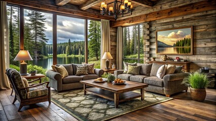 Fototapeta premium Cozy rustic living room with distressed wood accents, plush furnishings, and nature-inspired textiles, evoking a