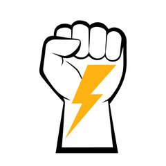 Protest fist with lightning. People protesting for human rights, equality anti-discrimination movement. Clenched fist raised up. Gym logo. Vector illustration.