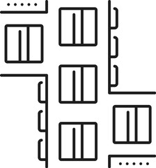 Manufacture sortation system, automatic and manual production line icon. Industry manual production, plant assembly line robot, manufacture automation outline vector sign with boxes on conveyor