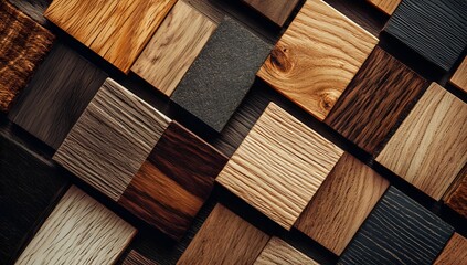 Abstract background of wood samples with a variety of textures, colors and grains.