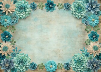 Rustic textured flower frame border with light teal and light indigo hues, adorning a spectacular backdrop, perfect for adding a touch of elegance to any image.