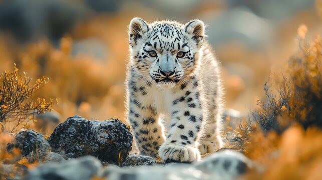 A young snow leopard cub walks towards the camera in a field of flowers.