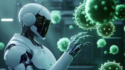 Fototapeta premium Robot hand interacting with green virus in clean lab