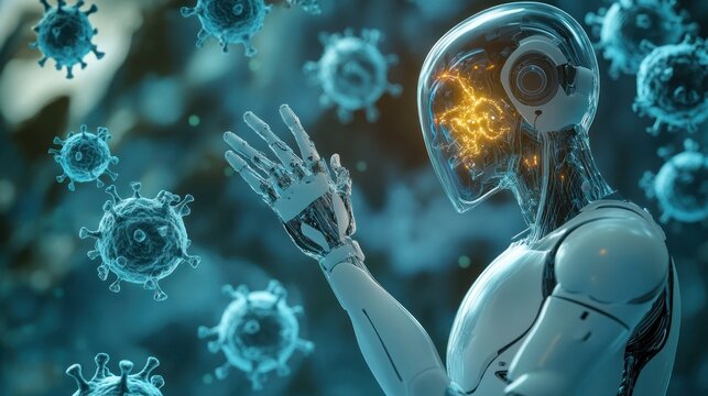 Robot analyzing virus particles in a digital landscape.