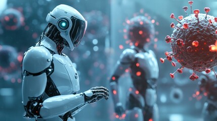 Robot interacting with virus cells in hi-tech lab