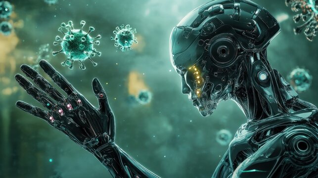 Cyborg examining pathogens in a futuristic setting - Powered by Adobe