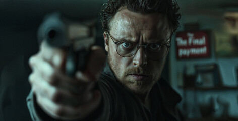 Intense Close-Up of Man Pointing a Gun