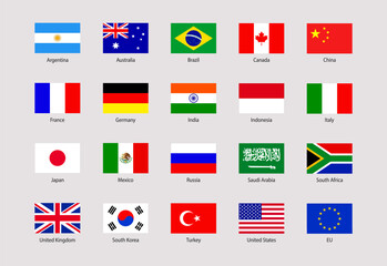 G20 flag vector illustration. USA ,Canada, France, Germany, Italy, Japan, UK, EU, China simple national symbols with members countries names. The Group of Twenty official flags icons. Bright colors.
