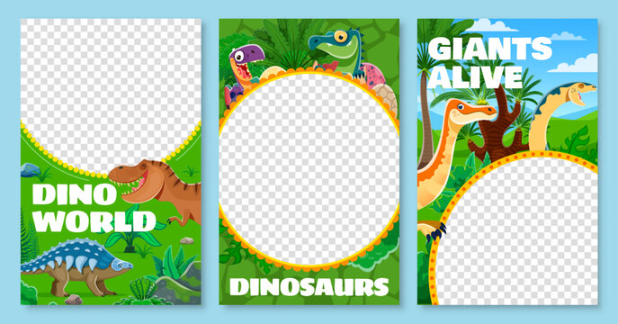 Poster templates with prehistoric dinosaur characters. Vector photo frames for children photos or social media stories borders featuring playful dinosaurs and baby dino hatching from eggs in jungle