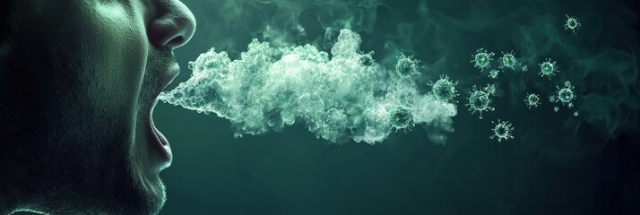 Person exhaling virus particles into the air