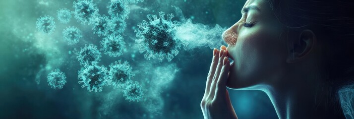 Person blowing air with multiple virus particles